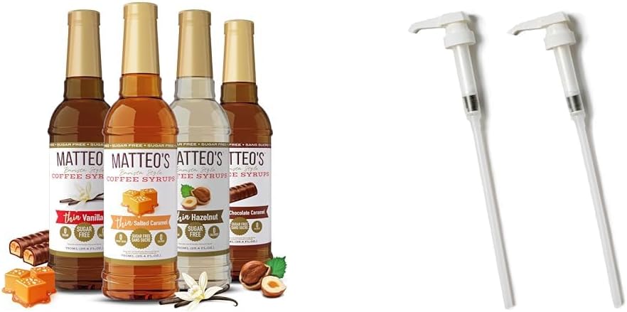 Matteo's Barista Style Sugar Free Coffee Syrup - 4 Flavor Variety Pack, No Calorie & Coffee Syrup Pump Dispenser, Bottle Pumps for Syrup, Skinny Syrup Pump for 750ml Bottles