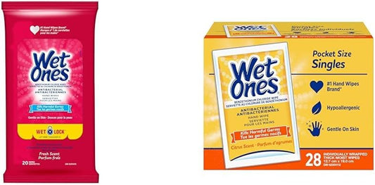 Wet Ones Antibacterial Hand Wipes, Fresh Scent, Wet Wipes, 20 Count (Pack of 10) & Antibacterial Hand Wipes, Citrus Scent, 28 Individually Wrapped Wet Wipes