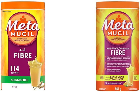 Metamucil, Daily Psyllium Husk Powder Supplement, Sugar-Free, 4-in-1 Fibre for Digestive Health & Daily Psyllium Husk Powder Supplement, Real Sugar, 3-in-1 Fibre for Digestive Health