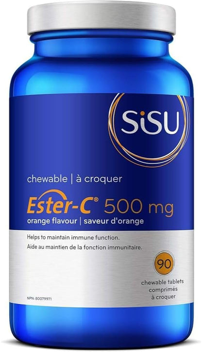 Sisu Ester-C 500毫克咀嚼片，橙味，天然甜味維生素C，24小時免疫支持，酸性較低，比其他形式的維生素C更易吸收和保留，無麩質，純素