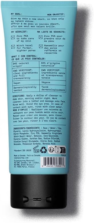 cleanjourney Face Cleanser for Acne Prone Skin, Made in Canada, Makeup Remover & Clarifying, Blemish Face Wash for Men and Women Teens, For Oily Skin, ZINC PCA, EWG Verified & Dermatologically Tested , 100 mL