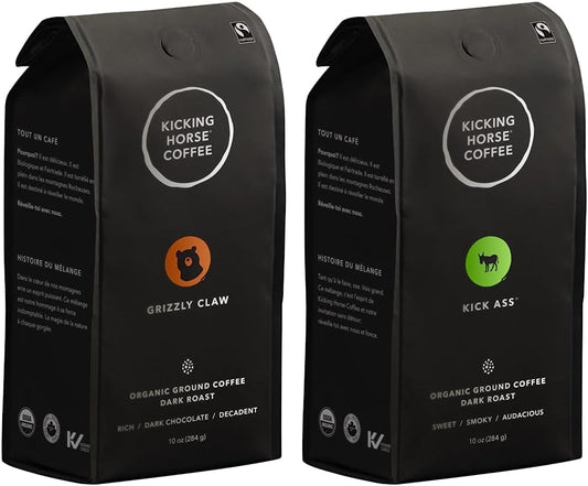 Kicking Horse Coffee Grizzly Claw，深度烘焙，研磨，284 克（6 包）- 有機認證、公平貿易、猶太潔食 & Kick Ass，深度烘焙，研磨，284 克（6 包）- 有機認證、公平貿易、猶太潔食