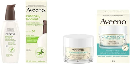 Aveeno Positively Radiant 每日保湿霜 SPF30，68 毫升（包装可能有所不同）和舒缓修复燕麦凝胶面部保湿霜（适合敏感肌肤）
