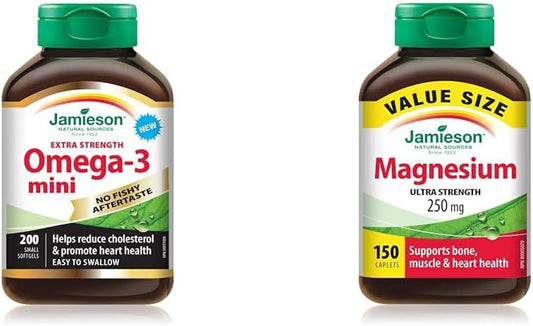 Jamieson 無魚腥味超強效 Omega-3 迷你裝，200 粒 & 250 毫克鎂超強效 - 超值裝