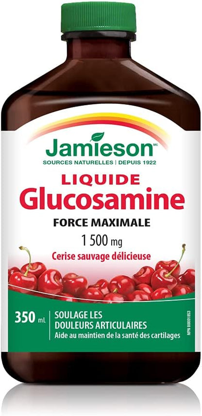 Jamieson 强效葡萄糖胺口服液，1500 毫克，野樱桃味，缓解关节疼痛，支持骨关节炎，并防止软骨退化。不含麸质、乳糖和人工香料，350 毫升，加拿大制造