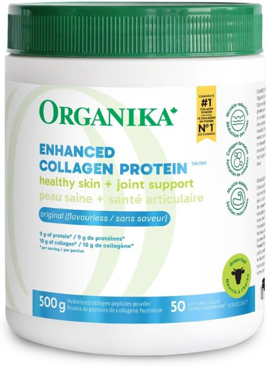 Organika 加拿大製造強化膠原蛋白粉 - 有益於頭髮、皮膚、指甲和關節健康。水解蛋白勝肽，更容易吸收 - 草飼，非基因改造 - 無味 - 500克