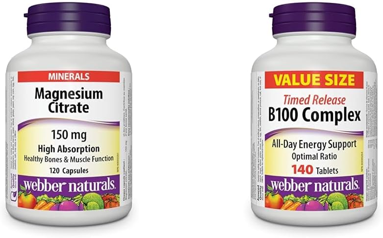 Webber Naturals Magnesium Citrate 150 mg, 120 Capsules, High Absorption Mineral, Supports Bone & Vitamin B100 Complex, Timed Release, 140 Tablets, Supports Energy Production and Metabolism, Vegan