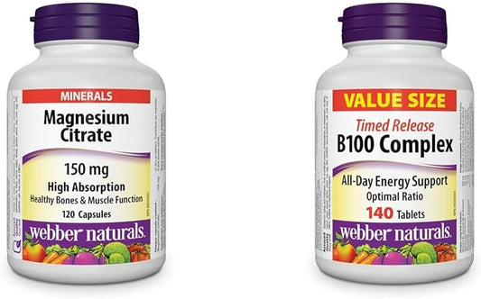 Webber Naturals Magnesium Citrate 150 mg, 120 Capsules, High Absorption Mineral, Supports Bone & Vitamin B100 Complex, Timed Release, 140 Tablets, Supports Energy Production and Metabolism, Vegan