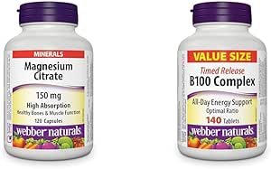 Webber Naturals 柠檬酸镁 150毫克，120粒胶囊，高吸收矿物质，支持骨骼健康和维生素B族复合物，缓释型，140片，支持能量产生和新陈代谢，纯素食。