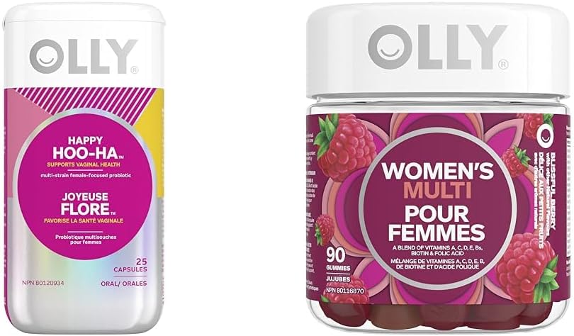 OLLY 补充剂胶囊，无麸质，多种菌株，女性专用益生菌补充剂，Happy HOO-HA 支持阴道健康，25 粒胶囊和女性多种软糖补充剂，45 天供应量，90 粒软糖