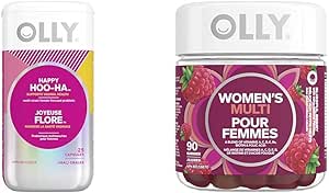 OLLY Supplement Capsules gluten free multi-strain female-focused probiotic supplement Happy HOO-HA supports vaginal health 25 capsules & Women's Multi Gummy Supplement 45 day supply 90 gummies