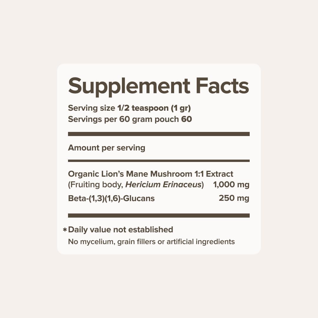 Bloomable 狮鬃菇提取物粉 – 100% 子实体，有机，热水提取物 – 60 克 – 有益大脑健康、记忆力和注意力 – 可添加到咖啡、茶、冰沙中（60 份）