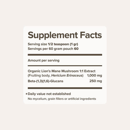 Bloomable 狮鬃菇提取物粉 – 100% 子实体，有机，热水提取物 – 60 克 – 有益大脑健康、记忆力和注意力 – 可添加到咖啡、茶、冰沙中（60 份）