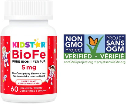 Kidstar Nutrients - BioFe 純鐵 5 毫克，60 片咀嚼片，30 天用量 - 有助於預防缺鐵性貧血 - 不會引起胃部不適和便秘 - 純素、非基因改造、無麩質和無糖