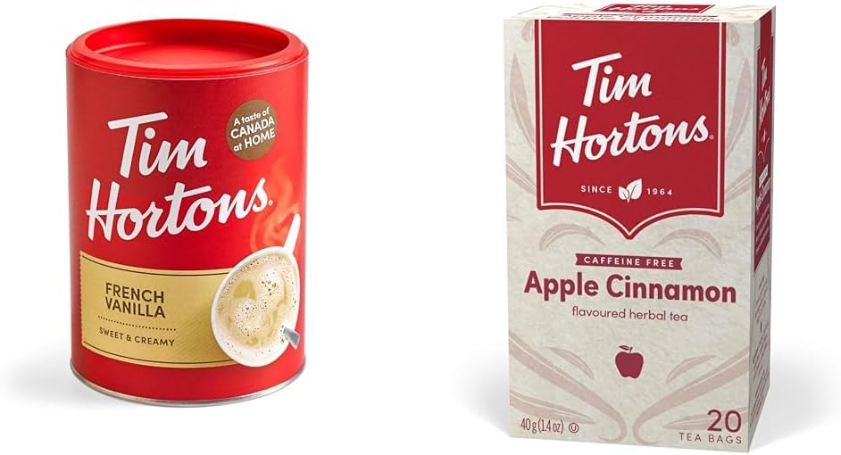 Tim Horton 速溶卡布奇诺，法式香草味，16 盎司和苹果肉桂茶包，草本茶，脱咖啡因，20 个