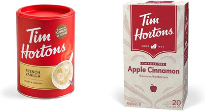 Tim Horton 速溶卡布奇诺，法式香草味，16 盎司和苹果肉桂茶包，草本茶，脱咖啡因，20 个