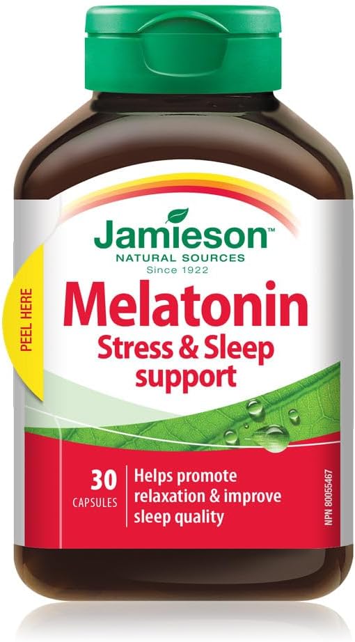 Jamieson Melatonin 3 mg Stress & Sleep Support, with Calming Herbals, Hops, Chamomile, Valerian and Passionflower. Improves Sleep Quality and Time, Promotes Relaxation, and Relieves Restlessness. Gluten-Free, 30 Capsules…