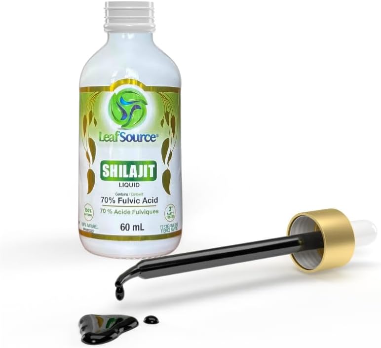 LeafSource SHILAJIT 液体 2 盎司（60 毫升），加拿大制造，70% 黄腐酸，支持骨骼健康和免疫系统，100% 纯天然，无味且快速吸收，适用于男性和女性