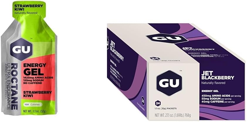 GU ENERGY Roctane Ultra Endurance Energy Gel, Strawberry Kiwi, 24-Count & Original Sports Nutrition Energy Gel, Jet Blackberry, 24-Count