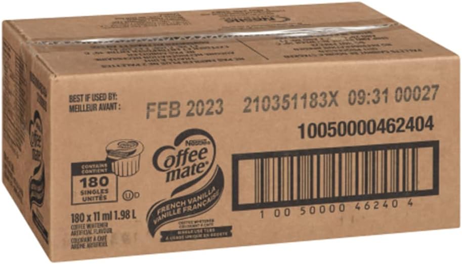 Coffee Mate 咖啡增白剂，原味液体单支装，11 毫升（180 支装）和液体咖啡奶精，不含乳糖，法国香草味，单份装，无需冷藏，180 支装 x 11 毫升