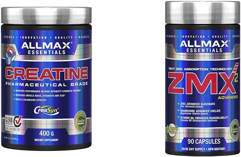 ALLMAX Nutrition - 肌​​酸一水合物，微粉化肌酸粉，用于力量和肌肉恢复，无麸质且快速吸收，400克和ZMX2，90粒