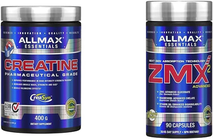 ALLMAX Nutrition - 肌​​酸一水合物，微粉化肌酸粉，用于力量和肌肉恢复，无麸质且快速吸收，400克和ZMX2，90粒