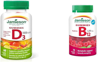 Jamieson 维生素 D3 1,000 IU 软糖（橙子、草莓、柠檬味）+ Jamieson B12 软糖（1,200 mcg 覆盆子味）