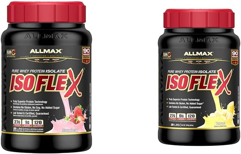 ALLMAX Isoflex 草莓味，2 磅 & ISOFLEX - 100% 超纯乳清分离蛋白 - 香蕉味 - 2 磅