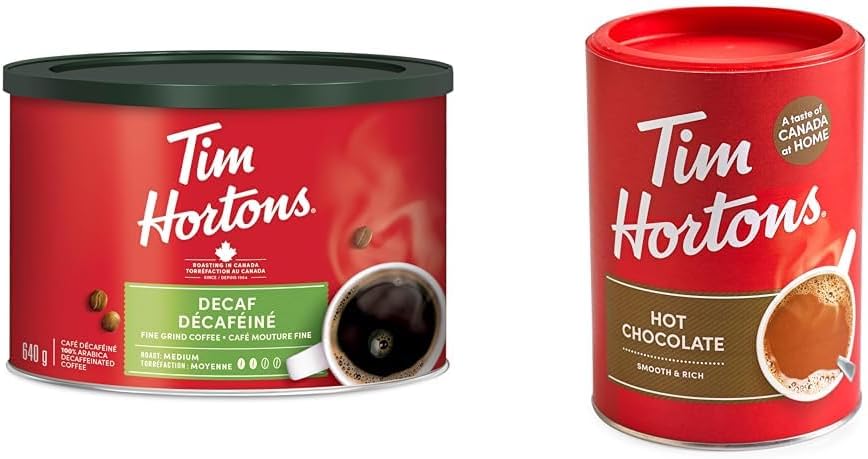 Tim Hortons 脫咖啡因細磨咖啡，中度烘焙，640克罐裝 & 熱巧克力飲料混合，原味，500克罐裝