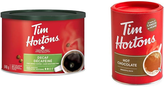 Tim Hortons 脫咖啡因細磨咖啡，中度烘焙，640克罐裝 & 熱巧克力飲料混合，原味，500克罐裝