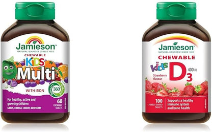 Jamieson 100% 儿童复合维生素咀嚼片 60 片 + 维生素 D 400IU 儿童咀嚼片 100 片