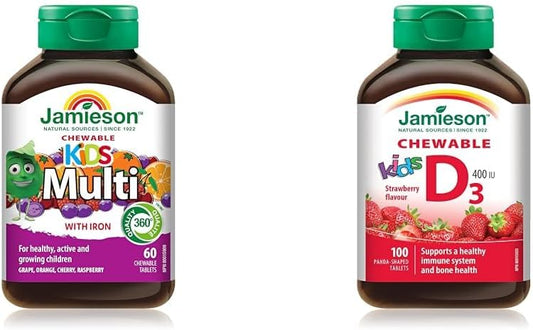 Jamieson 100% 儿童复合维生素咀嚼片 60 片 + 维生素 D 400IU 儿童咀嚼片 100 片