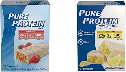 Pure Protein Bars - Strawberry Greek Yogurt + Lemon Cake Gluten Free Whey Protein Bars (Pack of 12)