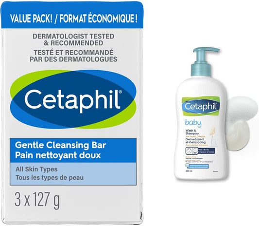 Cetaphil Gentle Cleansing Bar (3-Pack) + Cetaphil Baby Wash & Shampoo | Sensitive Skin Care Bundle