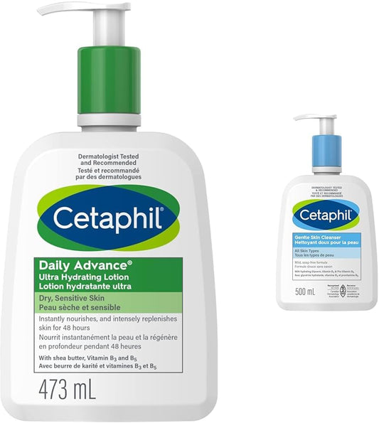 Cetaphil Daily Advance Lotion, 473ml | Ultra Hydrating Body Lotion & Gentle Skin Cleanser (500ml) - Hydrating Face Wash & Body Wash