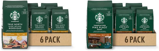 星巴克 True North 研磨咖啡，輕度烘焙咖啡，100% 研磨阿拉比卡咖啡豆 - 340 克袋裝 & 派克市場研磨咖啡，中度烘焙咖啡，100% 研磨阿拉比卡咖啡豆 - 340 克袋裝（6 包，2040 克）