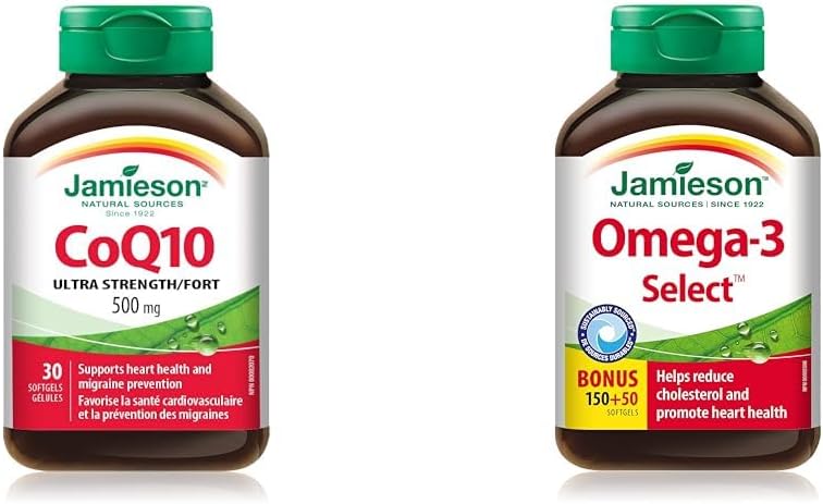 CoQ10 500 毫克超強效 - 輔酶 Q10，非基因改造，無麩質，30 粒（1 包）和 Omega-3 Select 1,000 毫克