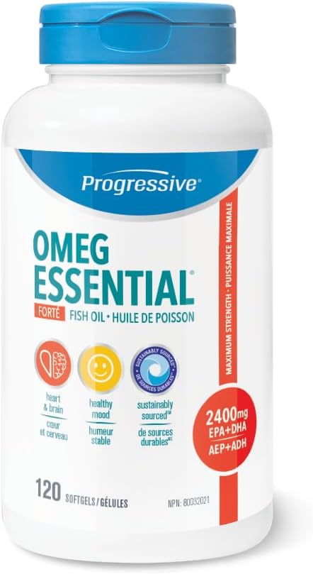 Progressive OmegEssential Forte Fish Oil Supplement - 1600 mg EPA + 800 mg DHA, Orange flavour, 120 softgels | All natural, cold water, wild caught