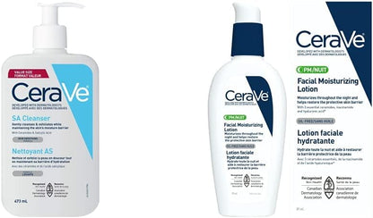 CeraVe Salicylic Acid Cleanser, Renewing Exfoliating Face Wash,473ml & Facial Moisturizing Lotion Pm | Ultra Lightweight, Night Face Moisturizer | Fragrance Free, 89 Milliliters (1 Pack)