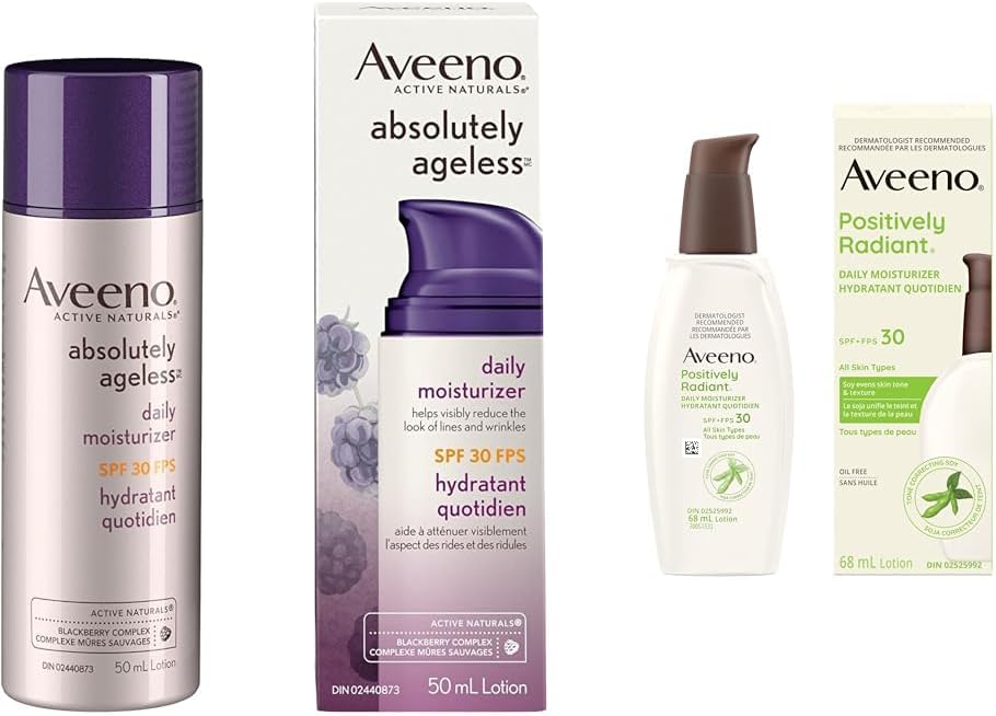 Aveeno 抗衰老面部保湿霜 Spf 30、Absolutely Ageless 抗皱霜（50 毫升）和 Positively Radiant 日常保湿霜 SPF30（68 毫升）（包装可能有所不同）