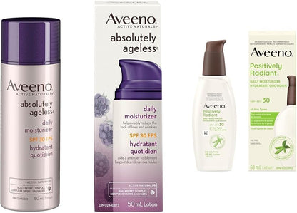Aveeno 抗衰老面部保湿霜 Spf 30、Absolutely Ageless 抗皱霜（50 毫升）和 Positively Radiant 日常保湿霜 SPF30（68 毫升）（包装可能有所不同）