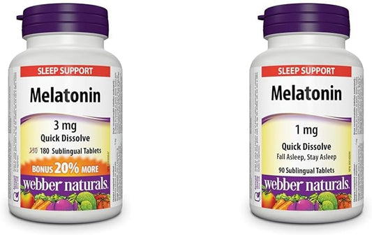 Webber Naturals Melatonin 3 mg, 180 Quick Dissolve Tablets, For Sleep Support, Vegetarian & Melatonin 1 mg, 90 Quick Dissolve Tablets, For Sleep Support, Vegetarian