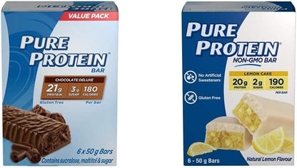 Pure Protein Bars - Nutritious, Gluten Free Whey Protein Bars (Chocolate Deluxe + Lemon Cake)