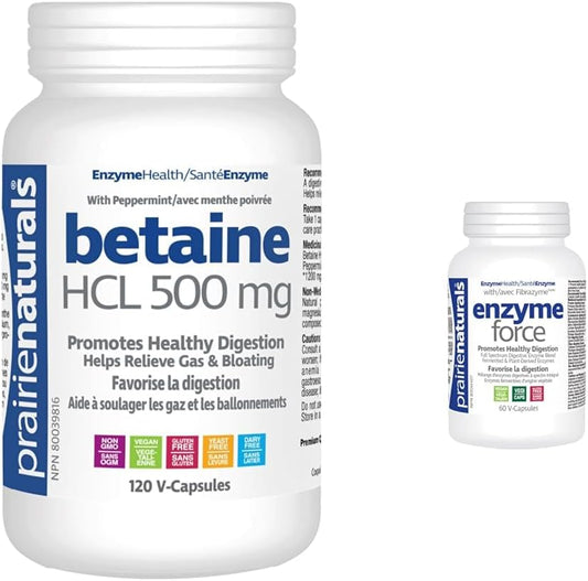Prairie Naturals Betaine HCL 500mg VCaps - 120 Count & Enzyme Force - Full Spectrum Plant Enzyme with FibraZyme VCaps - 60 Count