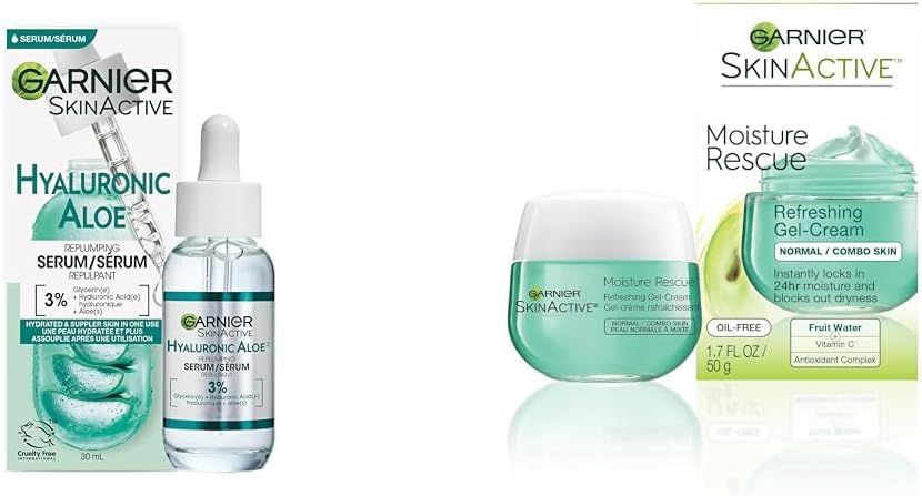 Garnier Aloe Vera Serum, With Hyaluronic Acid and Aloe, Replumping and Hydrating & Moisture Rescue Face Moisturizer Gel Cream, 24 Hour Hydrating Skin Care