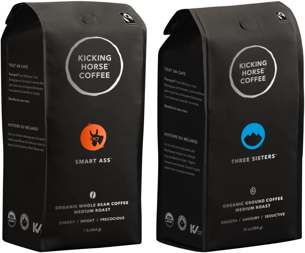 Kicking Horse Coffee，Smart Ass，中度烘焙，全豆，1 磅 - 有机认证、公平贸易、犹太洁食咖啡 & Three Sisters，中度烘焙，研磨，284 克 - 有机认证、公平贸易、犹太洁食咖啡