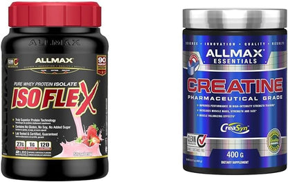ALLMAX Isoflex 草莓味，2 磅 & 肌酸一水合物，微粉化肌酸粉，用于增强力量和肌肉恢复，无麸质，快速吸收 400 克