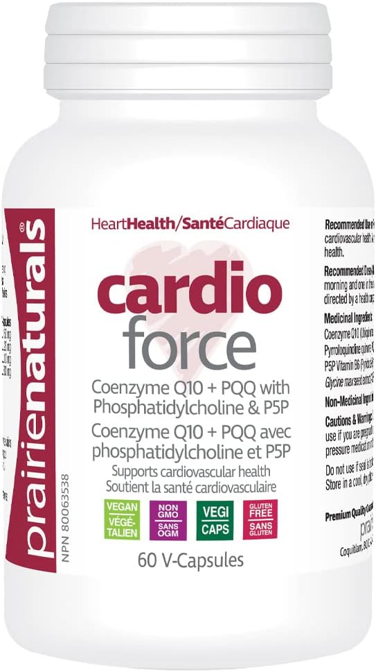 Prairie Naturals Cardio-Force 60 Vegan Capsules, Cardio Health, Mitochondrial Support, CoQ10 and PQQ, improve energy to heart muscle, P-5-P active vitamin B6, Phosphatidylcholine helps with absorption of CoQ10, support c…