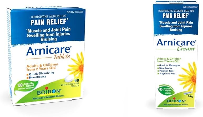 Boiron Arnicare 片剂，60 片，顺势疗法药物，用于缓解肌肉和关节疼痛肿胀和 Arnicare 乳膏，用于缓解疼痛、肌肉疼痛和关节疼痛，以及受伤引起的肿胀