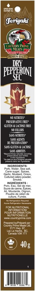 Country Prime Meats 照烧干腌意大利辣香肠条。100% 加拿大制造。高蛋白零食。不含亚硝酸盐，不含人工香料，天然烟熏，不含麸质。40克（25包）